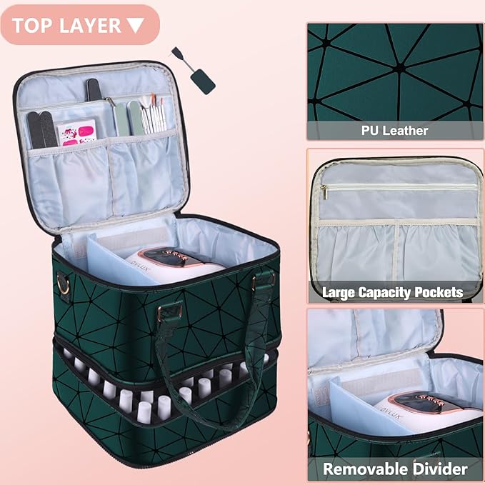 Large Nail Polish Organizer Case Hold 84+ Bottles Nail Polish & Nail Lamp, 3 Layers Nail Organizers and Storage for Nail Tech with Divider, Travel Carrying Case(Green)