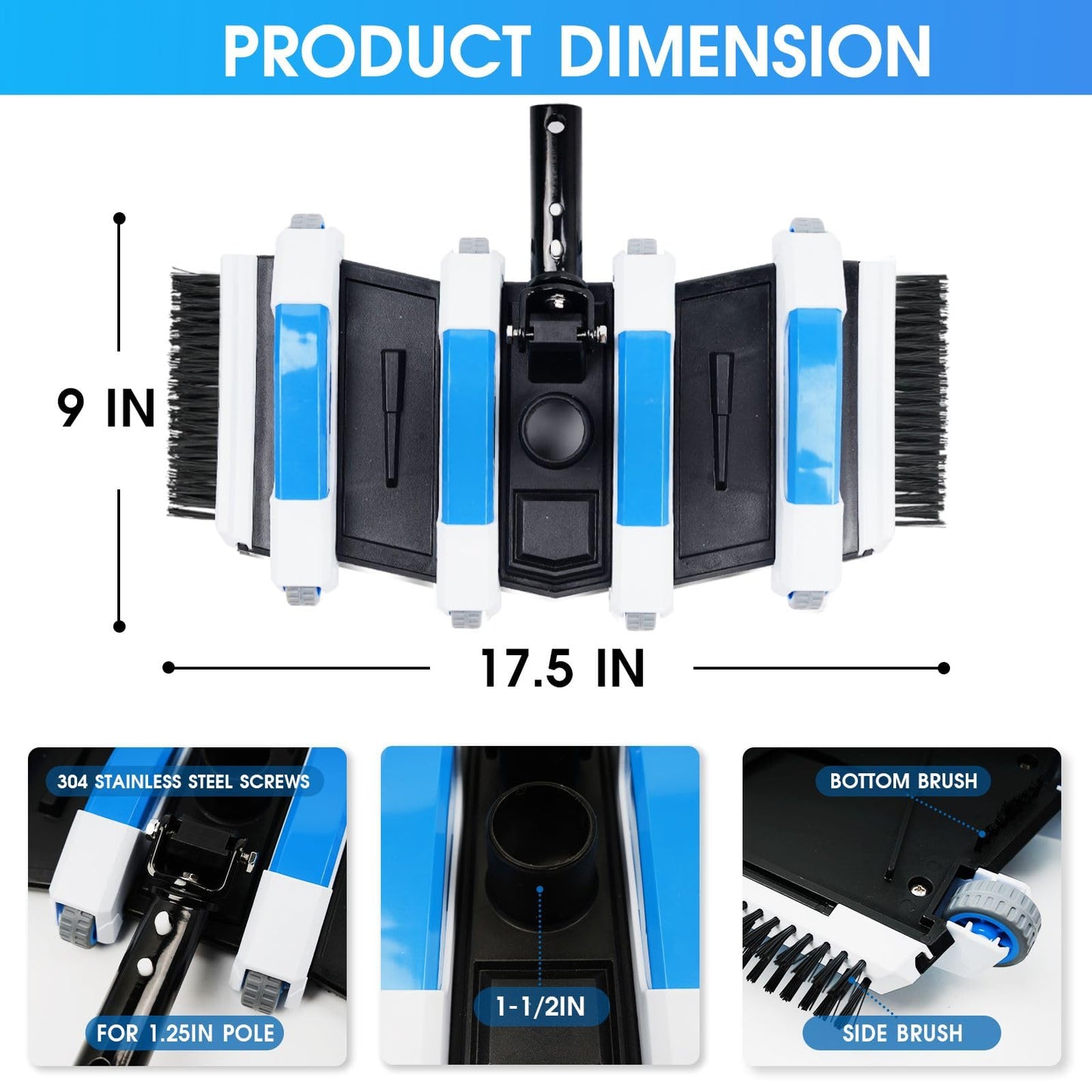 TidyMister 4LB Professional Pool Vacuum Heads with Hose Adapter Connector 1-1/4" or 1-1/2" Set-Commercial-Grade Vac Head & Swivel Handle,Wheels for Vinyl Liner,Inground & Above-Ground Pool