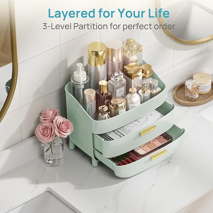 Vtopmart 3-Tier Skincare Makeup Organizer with Drawers for Vanity and Bathroom Countertop, Large Cosmetic Storage Box Case for Dresser, with Non-Slip Base, Green