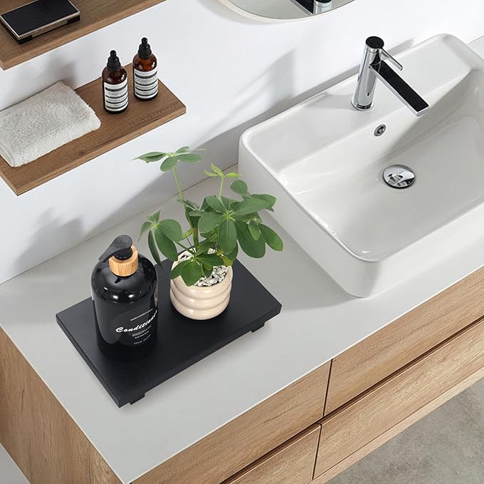 Black Bathroom Vanity Organizer Tray for Countertop Small Wooden Pedestal Stand Farmhouse Kitchen Sink Tray Decorative Hand Soap Dish Dispenser Holder Wood Risers Modern Bathroom Decor Accessories