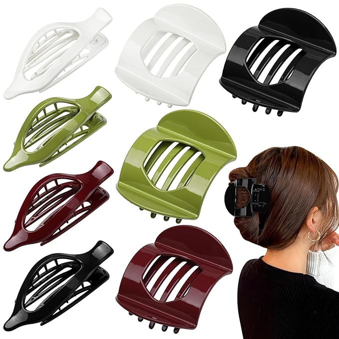 8 Pcs Christmas Flat Hair Clips for Women, 2 Styles French Flat Claw Clips Large Strong Hold Lay Down Claw Clips for Thick Thin Hair(Red Green)