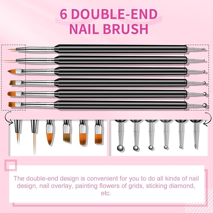SAVILAND Nail Art Brushes Set - 6pcs Double-End Nail Art Tools Professional Nail Art Kit Dotting Tools Line Pen Painting Brushes for Gel Polish Nail Design French Manicure