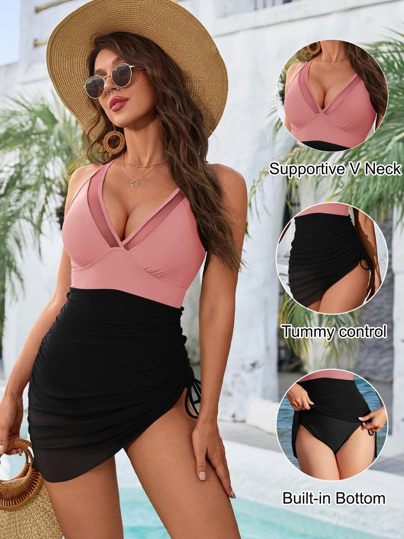 Blooming Jelly Women One Piece Swim Dress Tummy Control Swimsuits Modest Mesh Sheer V Neck Swimdress (M, Light Pink/Black)