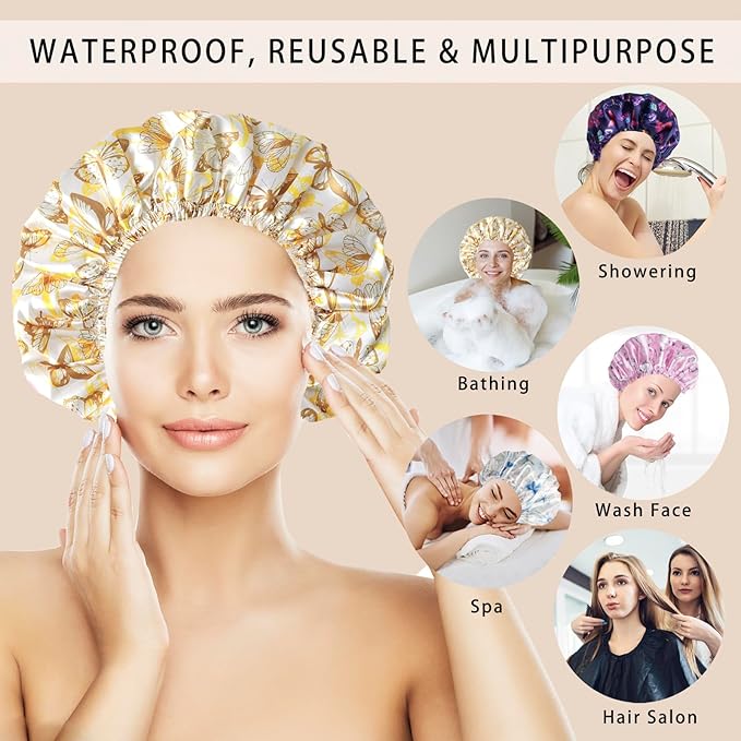 Shower Cap for Women,4 PCS Elastic and Reusable Bath Caps, Double Layers Shower Caps Reusable Waterproof, Bathing Shower Caps, Environmental Bath Hair Protection Cap - Butterfly D