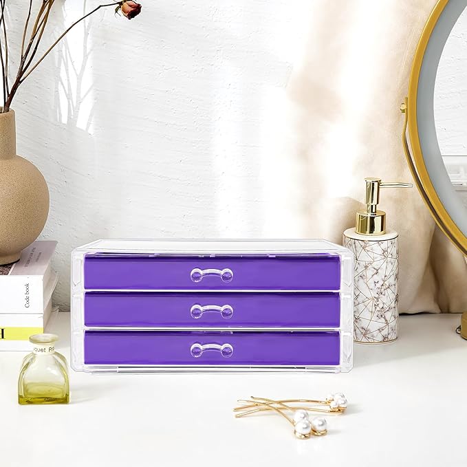 ProCase Earring Holder Organizer Jewelry Box with 3 Drawers, Acrylic Clear Earring Case with Adjustable Velvet Trays for Women - Purple, 3 Layers