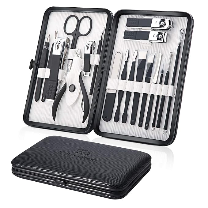 Professional Stainless Steel Nail Clipper Travel & Grooming Kit Nail Tools Manicure & Pedicure Set of 18pcs with Luxurious Case (Black/White)