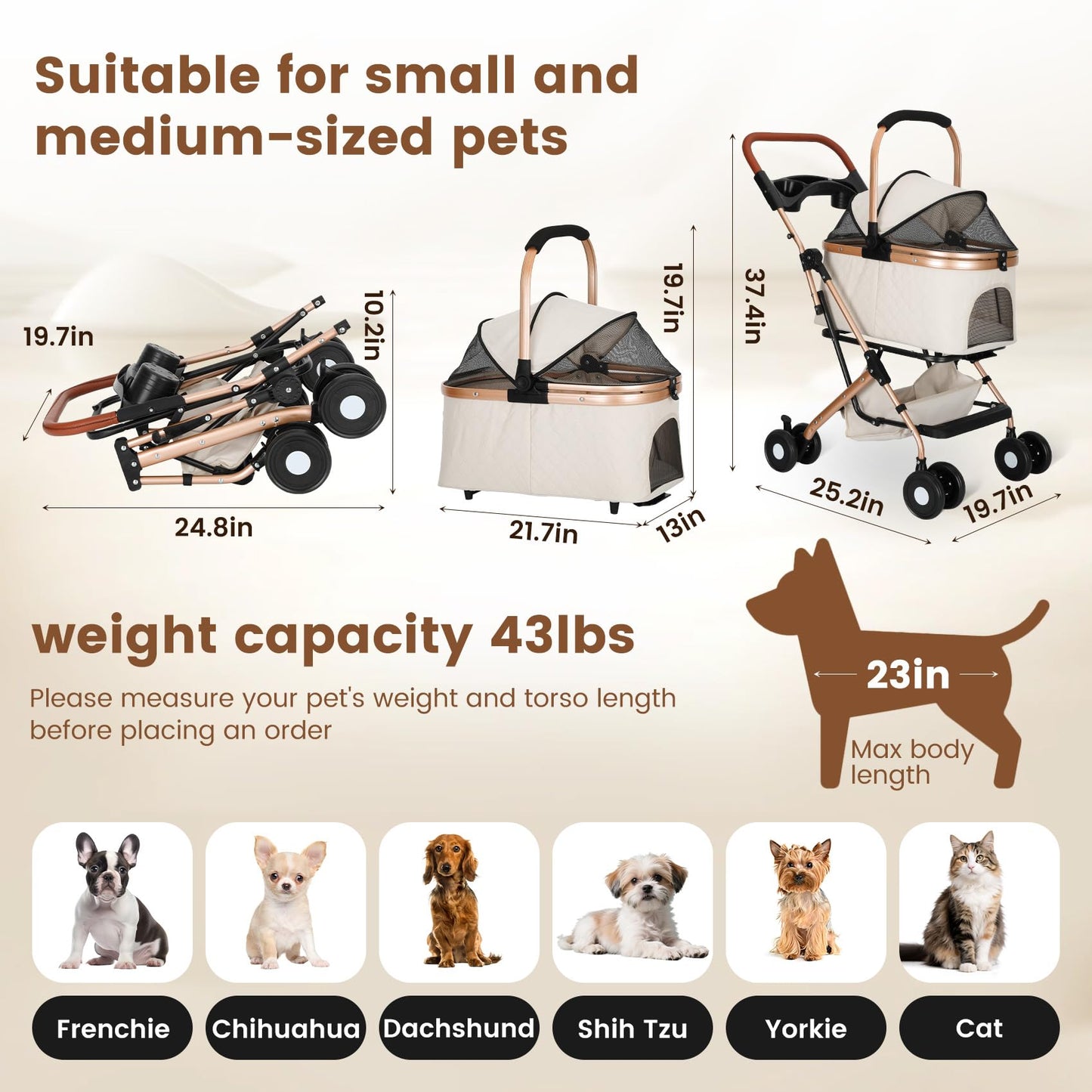 Gereat Dog Stroller for Small & Medium Dogs & Cats, Foldable Pet Stroller Wagon Carries Up to 44 lbs, Dog Wagon with Storage Basket and Cup Holders, Plus a Removable Portable Pet Carrier