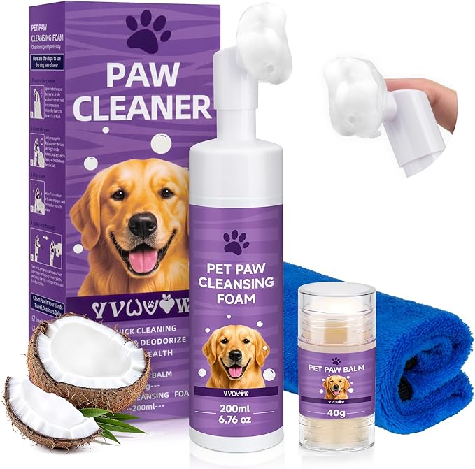 Dog Paw Cleaner Kit – Soft Silicone Brush for Safe Mud & Odor Removal, Travel No-Rinse pH Balanced Natural Formula, Gentle Daily Use – for Rain, Snow, Mud – Includes Towel & Paw Balm