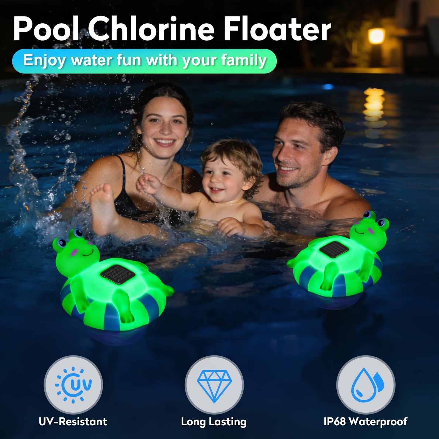 Uekars Solar Frog Pool Chlorine Floater for 3 Inch Tablets, Chlorine Tablet Floater w/Adjustable Release, Glow in Dark, Large Capacity Floating Chlorine Dispenser for Pool, Hot Tub,Spa,Blue-Green,9In