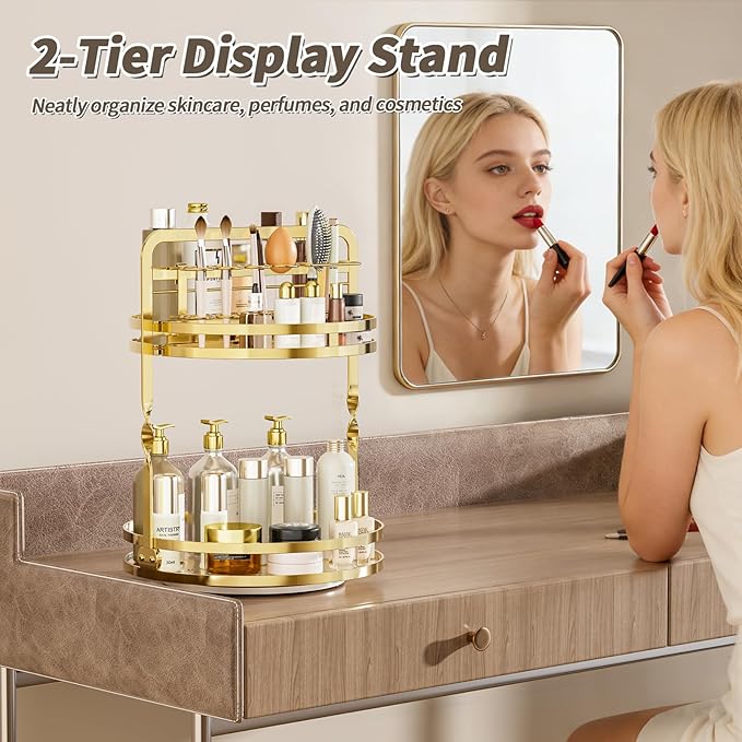 360ÃÂ° Rotating Makeup Organizer, 2-Tier Gold Perfume Organizer for Dresser, Bathroom Organizers Countertop, Perfume Shelf with Makeup Brush Holder, Skincare Holder Cosmetic Display(Gold)