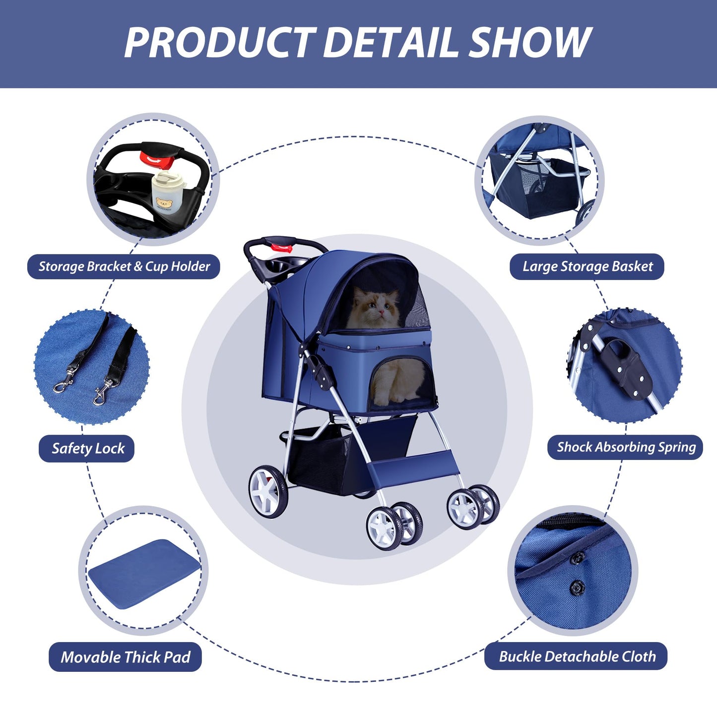 Unisakey 4 Wheels Pet Stroller for Small Medium Dogs Cats 10-33 lbs, Foldable Dog and Cat Stroller with Cup Holder & Storage Basket & Breathable Mesh, Pet Strolling Cart for All-Season, Navy Blue