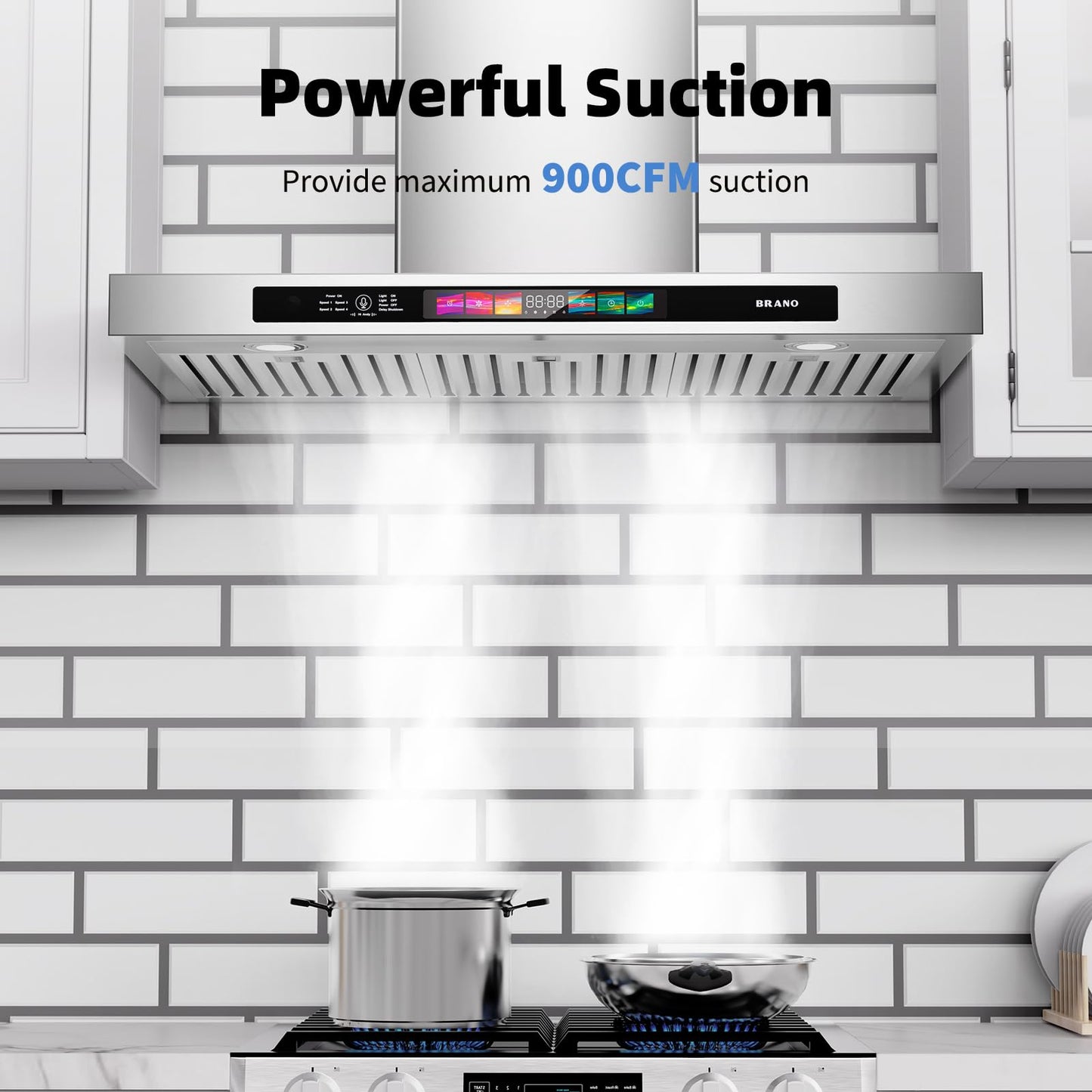 BRANO 30 Inch Wall Mount Range Hood 900 CFM with Voice/Gesture/Touch Control, Stainless Steel Ducted Kitchen Hood Vent with 4 Speed Exhaust Fan, Memory Mode, Adjustable Lights