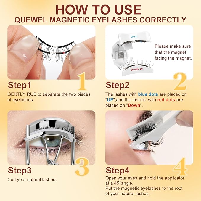 QUEWEL Magnetic-Eyelashes with Applicator, Upgrade 1 Pair Soft Magnetic Lashes, No Glue Needed Reusable Magnetic Eyelashes So Soft and Suitable for Beginners (Soft-Magnetic-D)