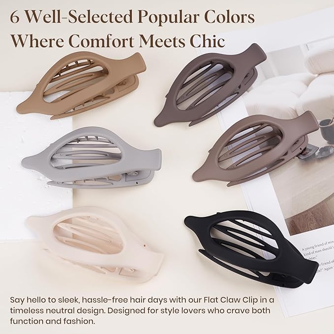 6 PCS Large Flat Hair Clips for Women Girls, French Concord Lay Down Flat Claw Clips for Thick Thin Hair, Comfortable Curved Hair Clip, Matte Non-slip Strong Hold Hair Accessories, Brown
