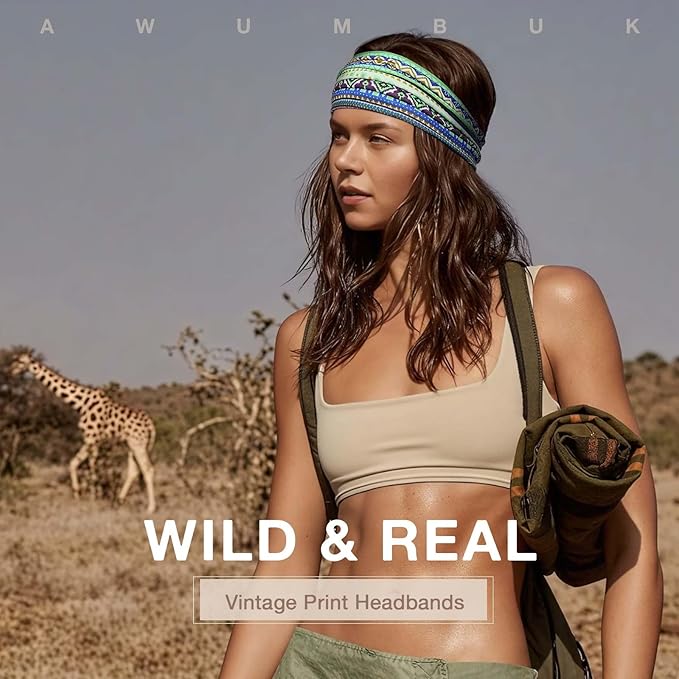 Awumbuk Wide Headbands for Women Knotted No Slip Head Bands Soft Turban Headband Hair Accessories Boho African Solid Color Head Wraps for Women Yoga Workout Pack of 6 (Retro)