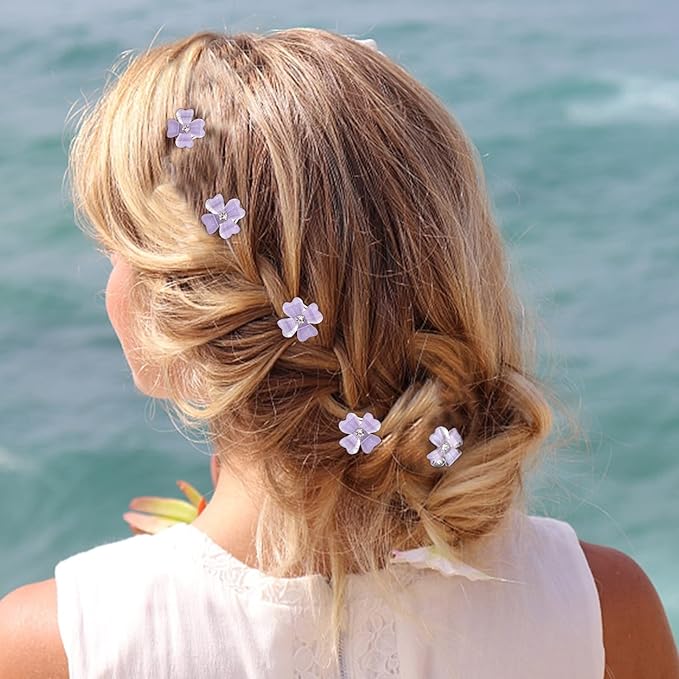 YISSION 20Pcs Mini Purple Flower Hair Clips with Rhinestone Cute Hair Pins Decorative Hair Clips Wedding Hair Barrettes Bridal Hair Accessories for Girls Women
