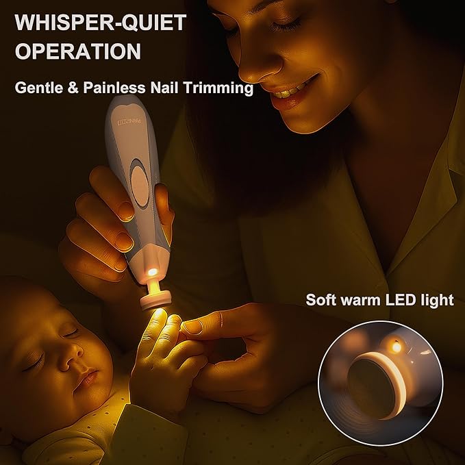 Fansidi Upgraded Baby Nail File | Easy & Safe Baby Nail Trimmer, Precise 4-Stage Electric Nail Clipper for Newborn to Toddler Boy, with Soft LED Light & 18 Grinding Heads, Perfect Baby Shower Gift