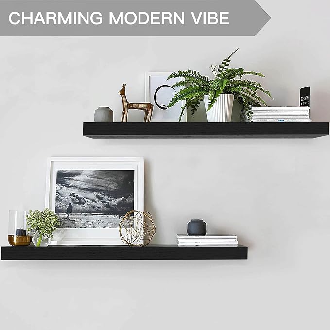 QEEIG Floating Shelves for Wall 35.4" Long - Wall Mounted Shelf Bathroom Kitchen Living Room Bedroom Farmhouse Home Decor Display Bookshelf Large 35.4 x 9.3 inch Set of 2, Black (008-90B)