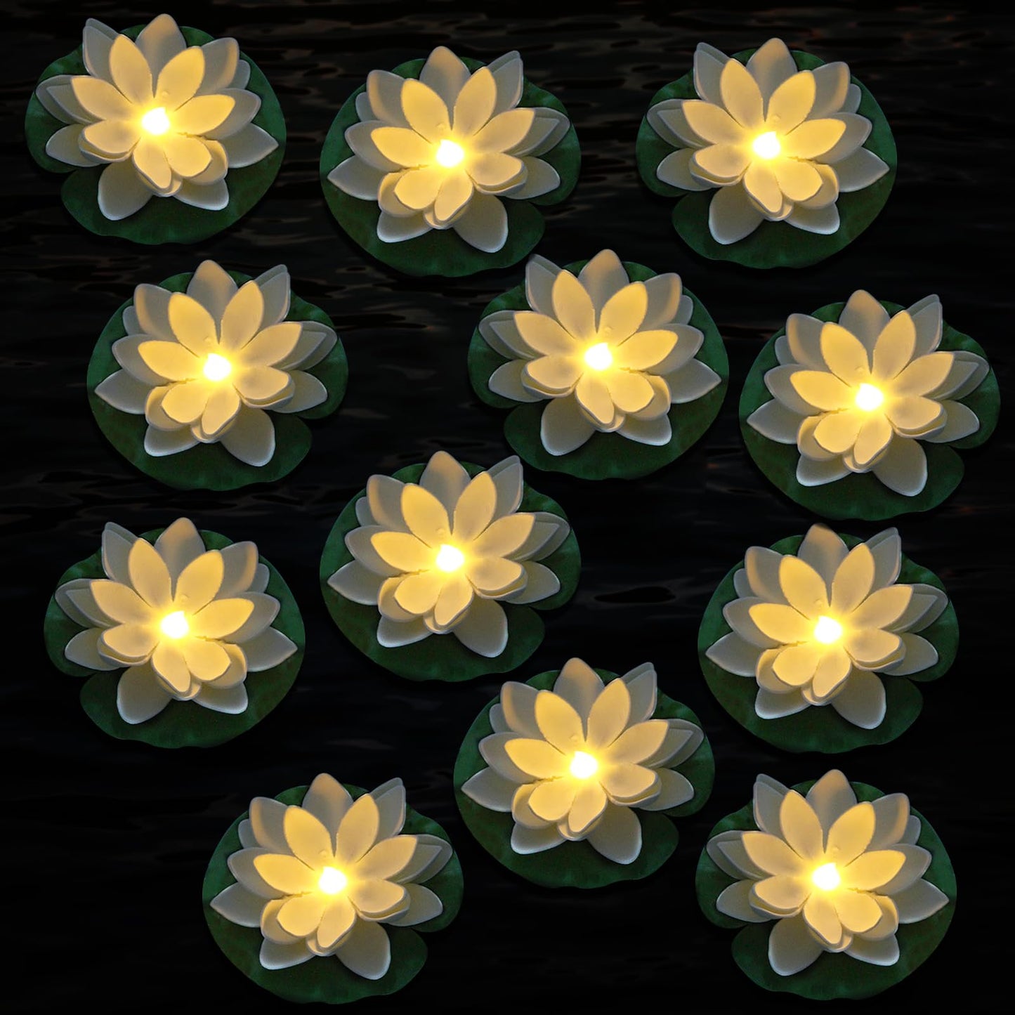 LACGO 12 PCS Waterproof Floating Lotus Light - 6'' Floating Flower Light Battery Operated Water Activated Warm White Pool Flower Lamp Wedding Anniversary Garden Decoration(6 Inch, White)