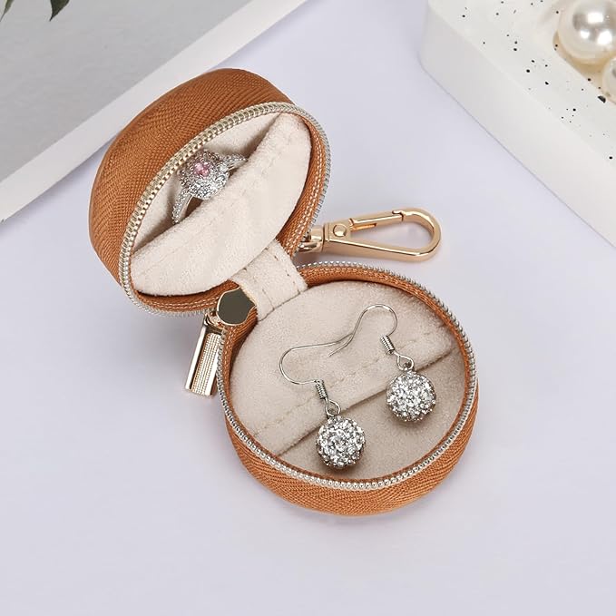 Jewelry Ring Holder Box with Keychain, Portable Gym Jewelry Storage Box Case, Small Travel Ring Earring Stud Necklace Storage Case (Brown)