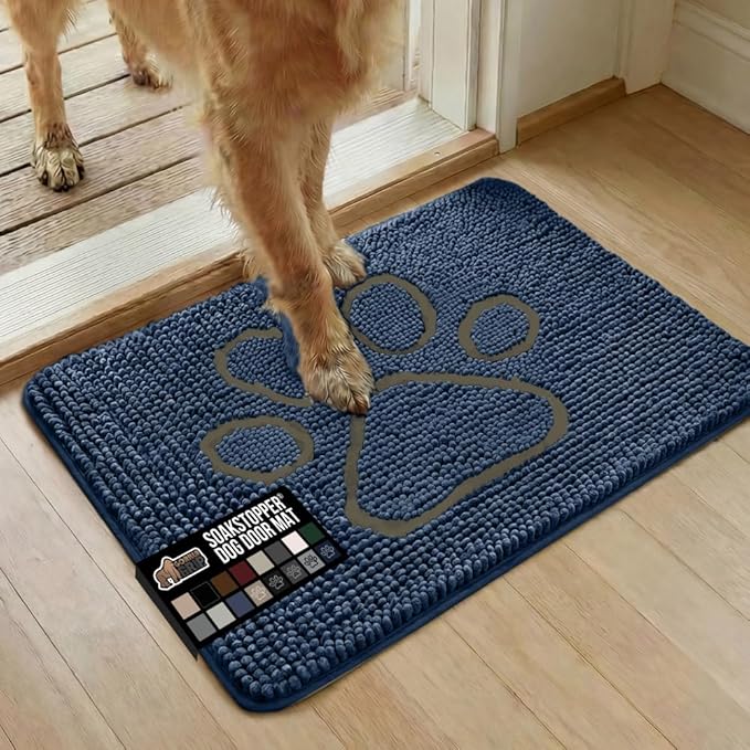 GORILLA GRIP SoakSTOPPER Dog Door Mat, 30x20 Machine Washable Rug Absorbent Doormat Captures Moisture Mud Dirt, Quick Dry Soft Chenille Entryway Rugs Indoor Entrance Mats for Dog Paws, Navy