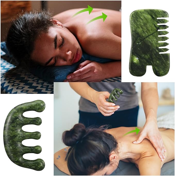BBTO 2 Pcs Jade Comb for Scalp Massage Gua sha Comb for Head Body spa Hair Multifunctional Handheld Massage Tools (Classic, Natural)