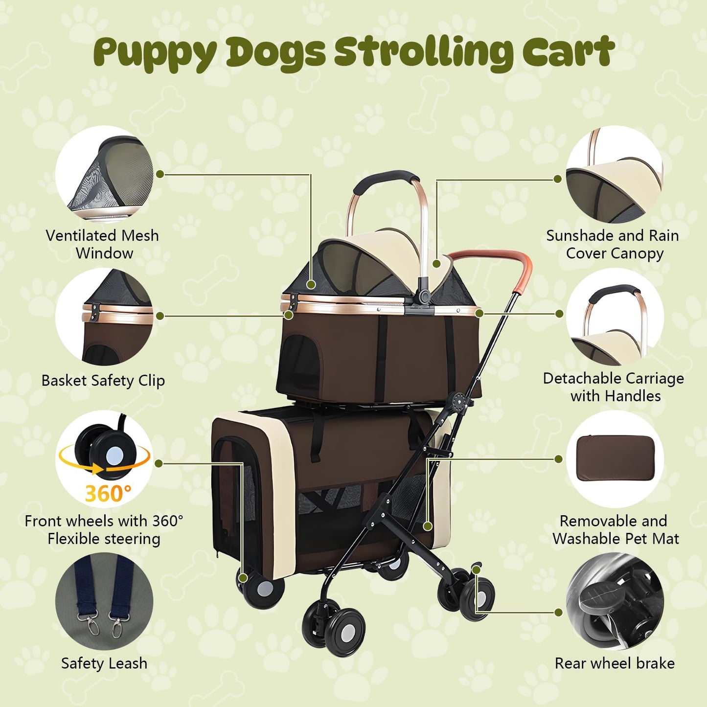 Beuway Double Pet Stroller for Dogs and Cats, One-Step Folding Dog Stroller Travel Carriage for Small Medium Dogs Cats, 2 Detachable Carrier Bags, 4 Lockable Wheels (Brown)