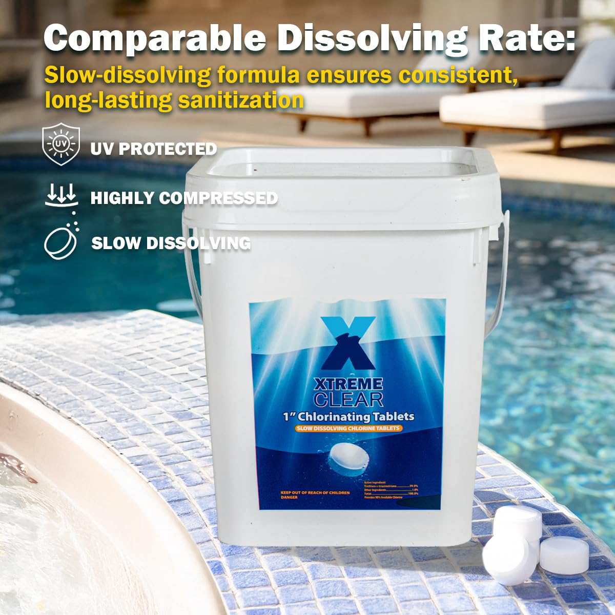 XtremeClear 5lbs 1" Chlorine Tabs for Swimming Pool Hot Tub & Spa Eliminate Bacteria & Algae Sanitizer Makes Water Clean & Crystal Clear Slow Dissolving, 5-Pounds