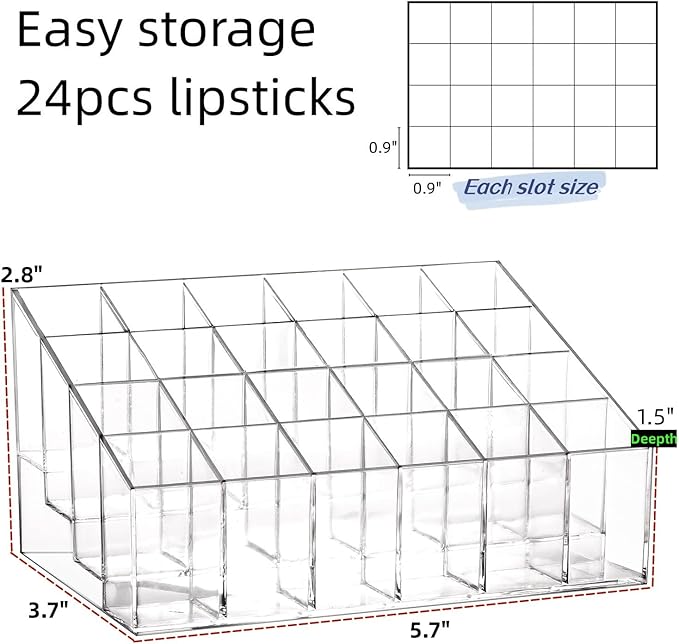 Tecbeauty Lipstick Holder, 24 Slots Clear Lipstick Organizer Acrylic Lipgloss Storage Display, Small