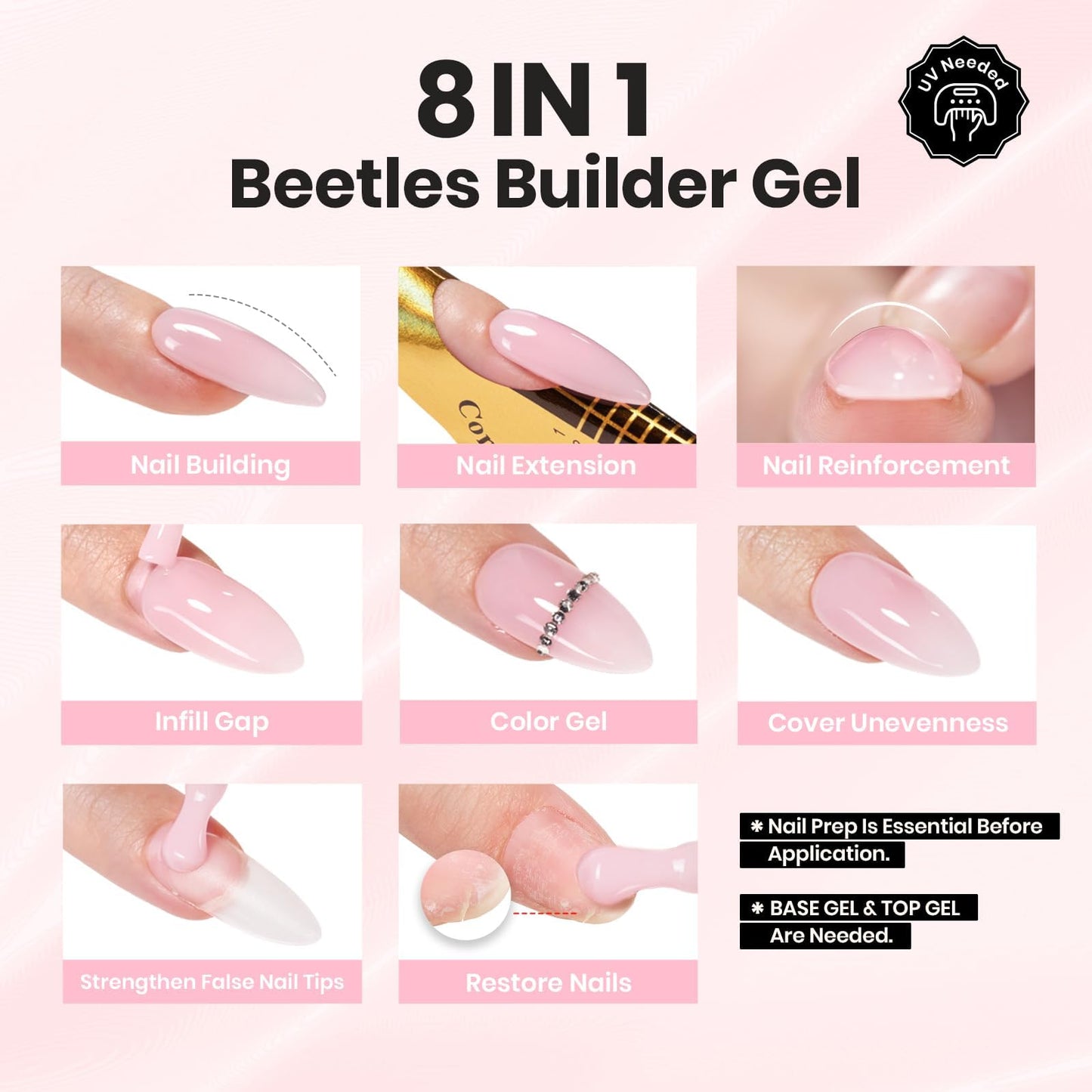 Beetles Builder Gel for Nails HEMA-Free with Base & Top Coat,Nail Protection Trio Set 3 Pcs Strengthening Nail Apex Building Extension for Beginner DIY Salon at Home,Clear Building Gel,UV & LED Cured