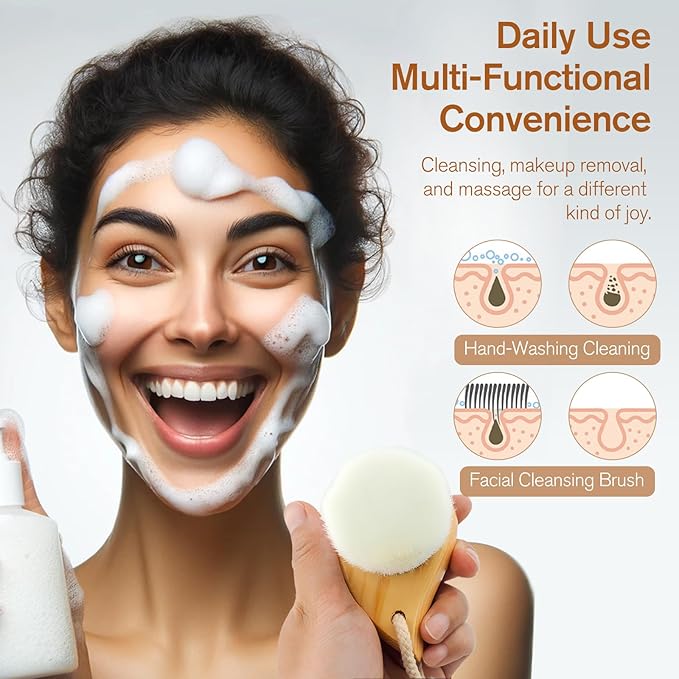 Soft Bristle Facial Cleansing Brush for Deep Pore Cleaning, Travel-Friendly Face Beauty Brush with Ergonomic Handle, Brown