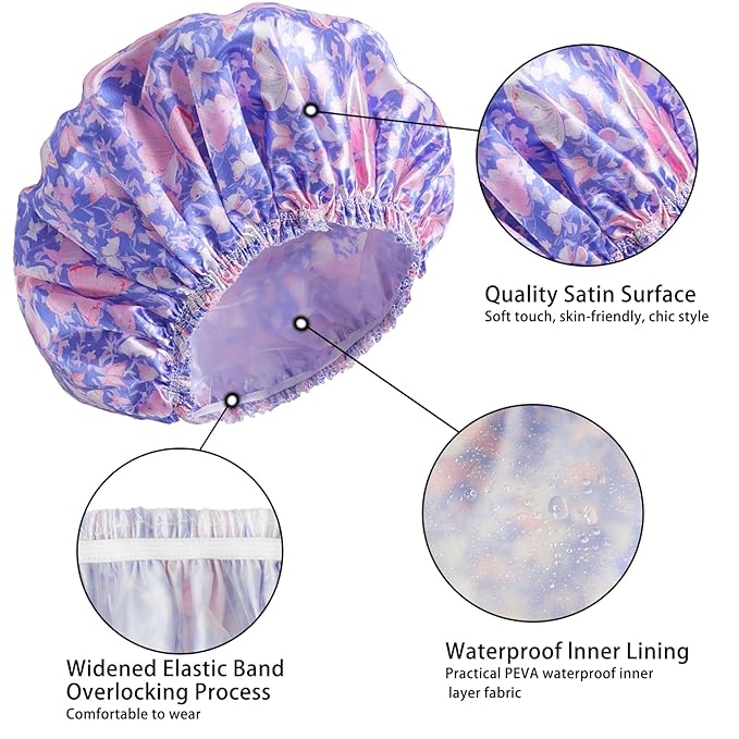 Shower Cap for Women,4 PCS Elastic and Reusable Bath Caps, Double Layers Shower Caps Reusable Waterproof, Bathing Shower Caps, Environmental Bath Hair Protection Cap - Butterfly E