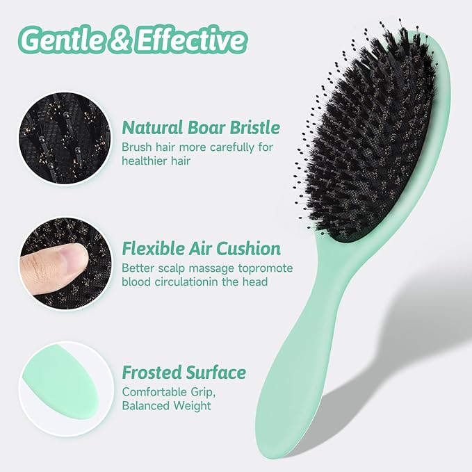 Boar Bristle Hair Brush for Women Men - Gentle Detangling Paddle Brush with Nylon & Boar Bristles, Smoothing, Massage & Shine, Reduces Frizz, for Curly, Thick, Thin, Wet or Dry Hair & Extensions