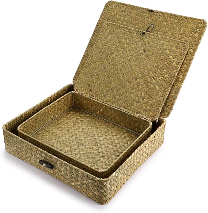 Hipiwe Natural Seagrass Storage Bins with Lid, Woven Wicker Basket Boxes Home Organizer Bins Shelf Organizer Box,Set of 2