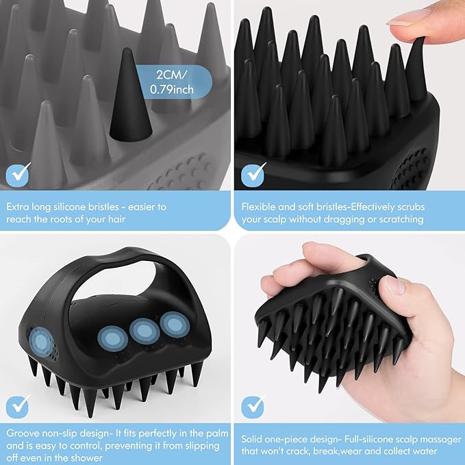 Bsisme Scalp Massager Hair Growth, Scalp Scrubber with Soft Silicone Bristles for Dandruff Removal, Shampoo Brush for Men Women Kids Pets Wet Dry Hair Scalp Exfoliator, Black