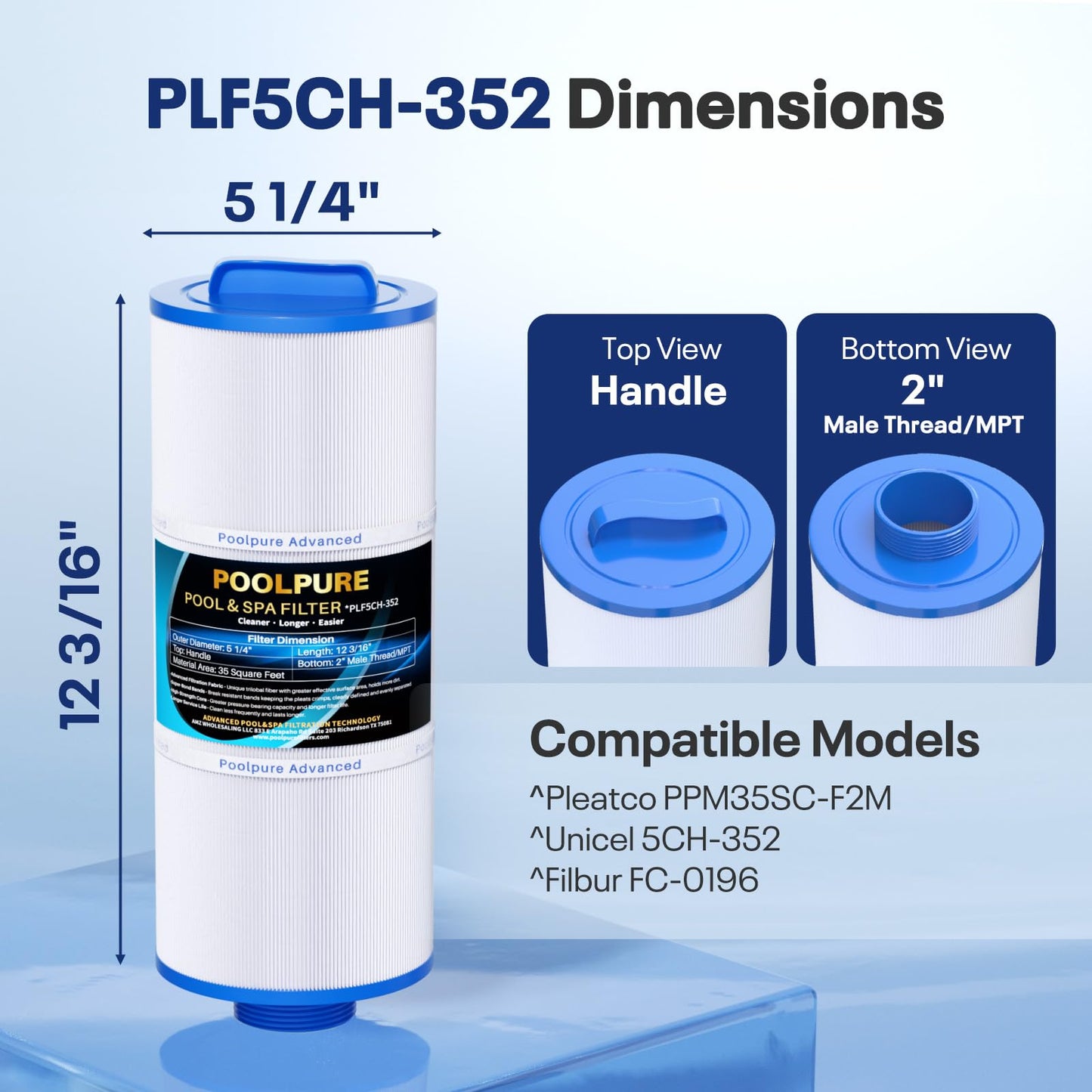 POOLPURE 5CH-352 Spa Filter Replaces PPM35SC-F2M, Marquis Spa 20042, 20092, 70-0240, 370-0242, 370-0243, Filbur FC-0196, 2" Male Thread/MPT Hot Tub Filter, 1 Pack