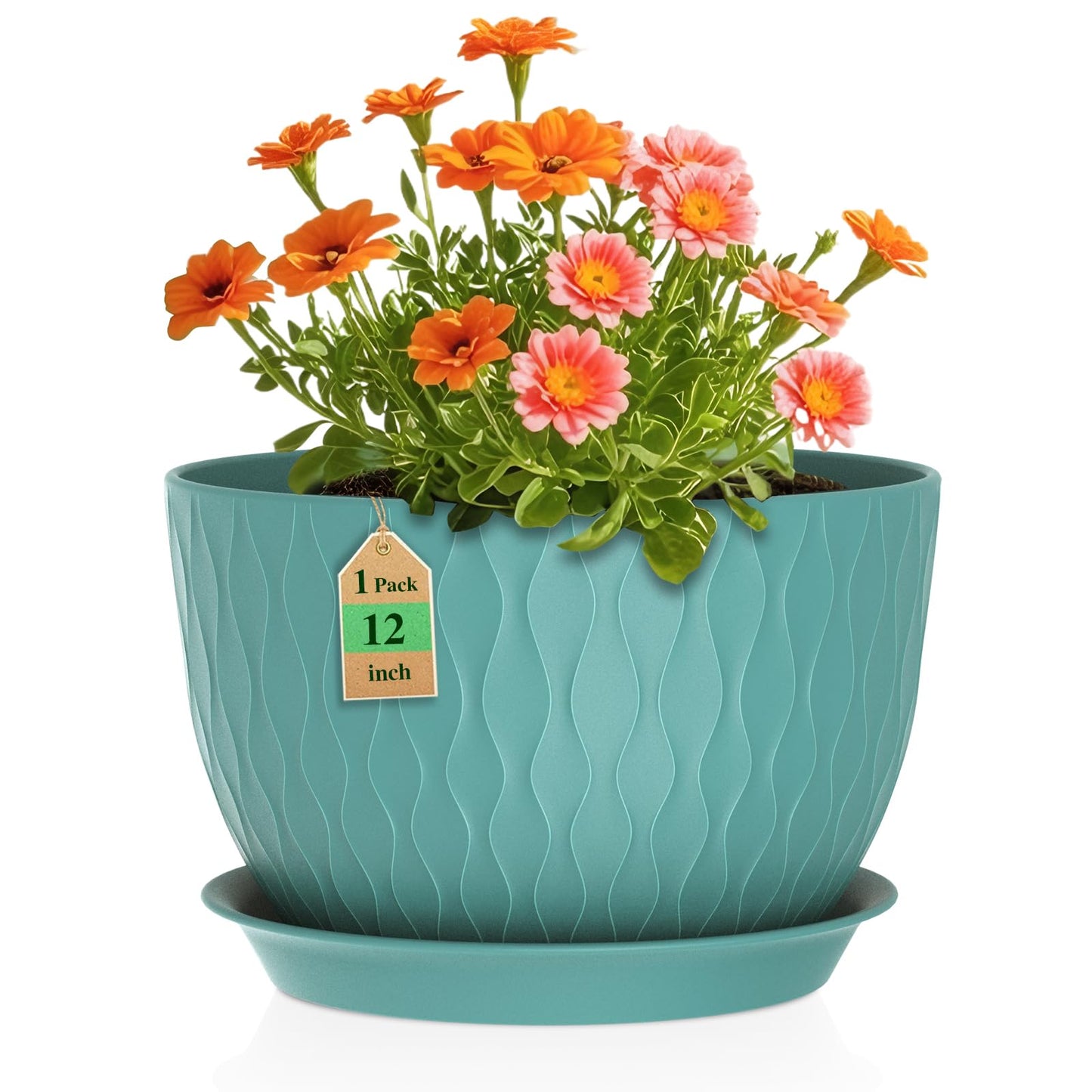 WSMKSZ 12 Inch Large Plant Pots for Indoor or Outdoor Plants, Wide Water Ripples Flower Pots with Drainage Holes & Saucer, Plastic Planters Set for Garden & Home Decor (Blue Green)