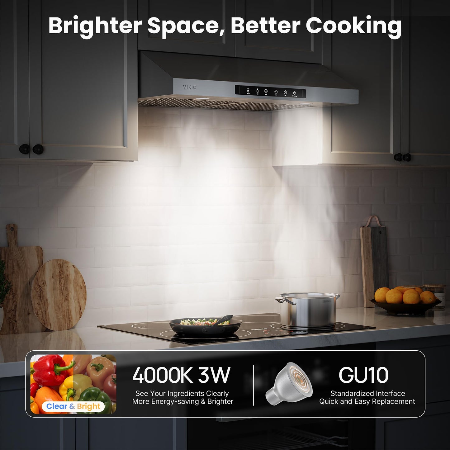 VIKIO HOME 30 Inch Under Cabinet Range Hood 900 CFM, Dual Motor Powerful Kitchen Vent Hood, Gesture & Touch Control, Ultra Quiet DC Motor, Dishwasher-Safe Filters, LED Lights, Stainless Steel