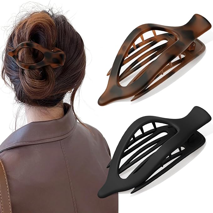 2 PCS Large Flat Hair Clips for Women, French Concord Lay Down Flat Claw Clips for Thick Thin Hair, Comfortable Curved Flat Clip, Matte Non-slip Strong Hold Hair Accessories, Tortoise & Black