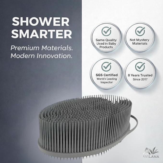 Avilana Premium Exfoliating Body Scrubber - Trusted Since 2017 - SGS Certified Silicone Bath Brush, Firm Bristles Smooth Rough Bumpy Skin Texture, Dual Sided Loofah Alternative Women Men Kids