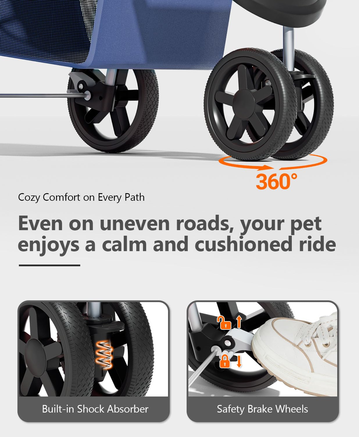 OS MOTOR Pet Stroller with 3 Wheels for Small/Medium Pets, Portable Travel Foldable Carrier Jogger for Dog Cat Puppy Kitty, Rear Wheel Breaks, Storage Basket, Visible Mesh Weather Cover (Navy Blue)