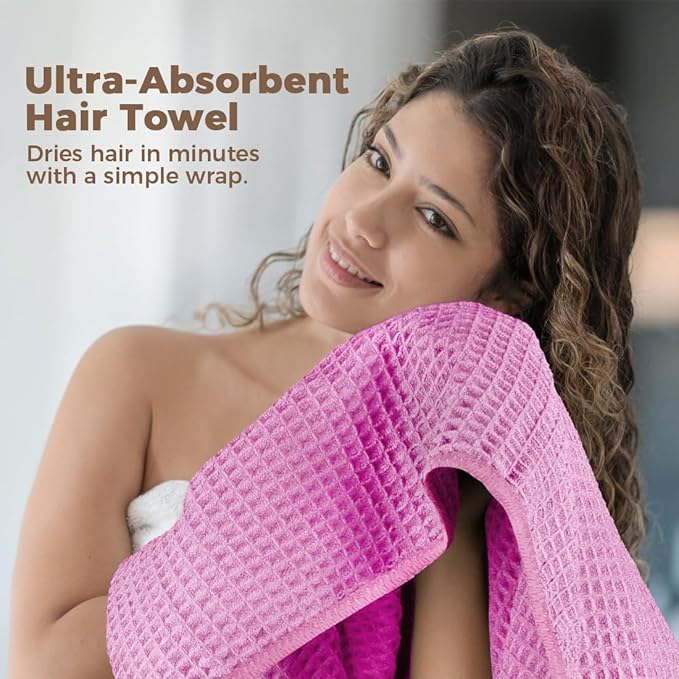 HOMEXCEL 2 Pack Large Microfiber Hair Towels Waffle Weave- 40 x 26.5 inches Fast Drying Turbans for Long, Thick, Curly Hair - Anti Frizz Wrap with Elastic Strap, Blue/Pink