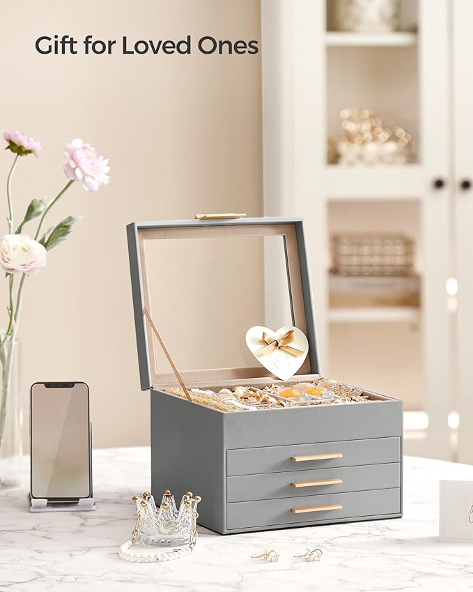 SONGMICS GISELLA Collection - Jewelry Box Organizer, 4-Layer Jewelry Storage with 3 Drawers, Shiny Metal Hardware, Glass Lid, Modern, 8 x 9.1 x 6.5 Inches, Dove Gray and Gold Color UJBC173G01