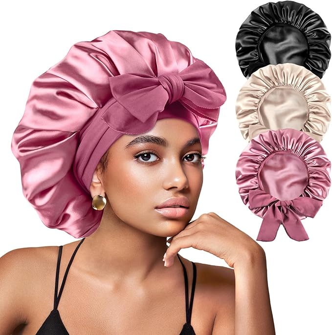 Yanideer 3 pcs Adjustable Satin Bonnets for Sleeping Double Layer Satin Lined Hair Bonnet with Tie Band for Women Curly Hair