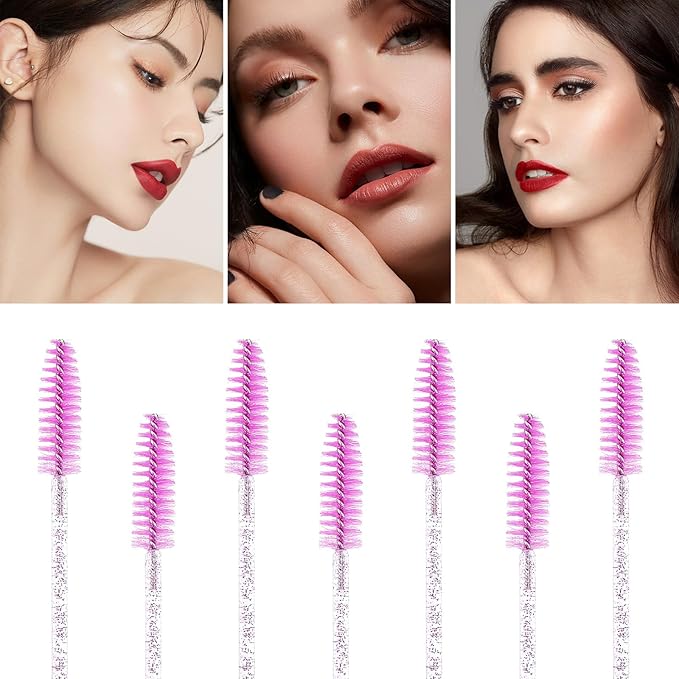 Tbestmax 100 Pcs Disposable Mascara Wands, Crystal Eyebrow Spoolies Brush for Eyelash Extensions, Lash Brushes with Container - Purple