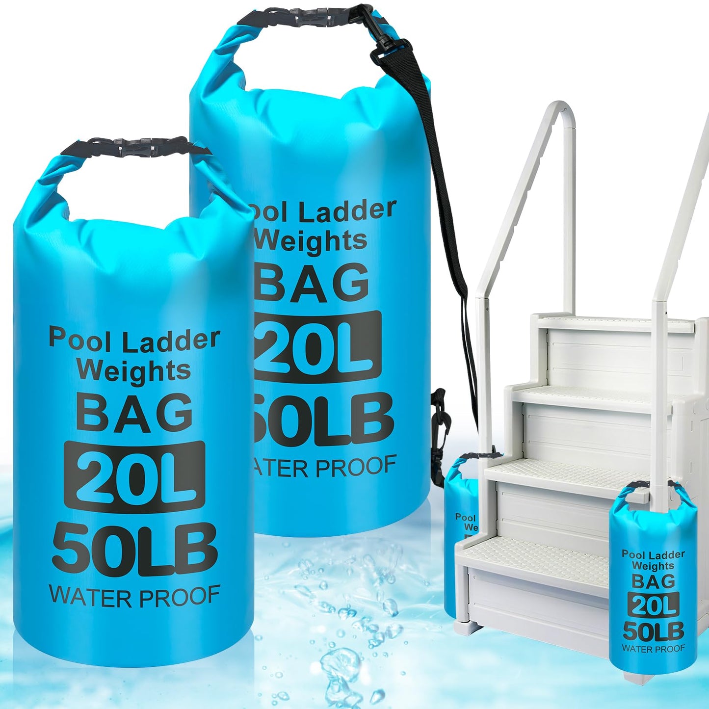 50LB Heavy Duty Pool Ladder Weights for Above Ground Pools, 20L Universal Pool Step Weights, 500D VPC Waterproof Pool Stair Weights, Easy Fill Sand Bags for Pool Steps, Foldable, Leak-Proof, 2PCS