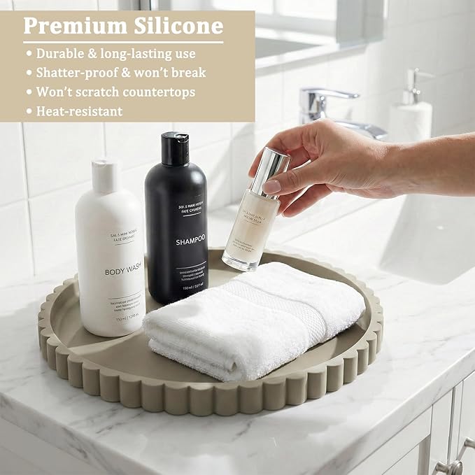 Silicone Bathroom Vanity Tray, Modern Round Decorative Tray for Countertop, Waterproof & Unbreakable Cosmetic Perfume Organizer, Extra-Thick & Sturdy, Easy to Clean Candle Tray (Khaki, 10 inch)