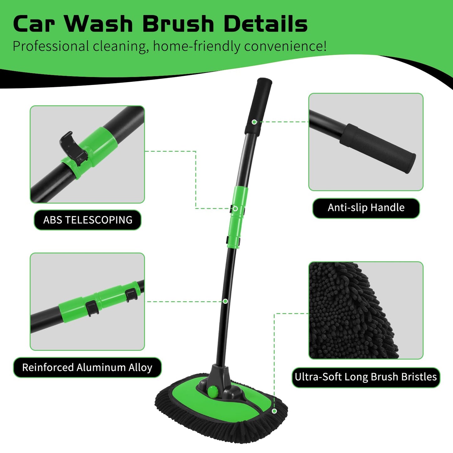 Ordenado 15°Curved Car Wash Brush with Long Handle, 43" Car Cleaning Brush with Extension Pole, Microfiber RV Wash Mop Scratch-Free, Exterior Washer Mop for Washing Roof Truck Camper SUV Caravan Green