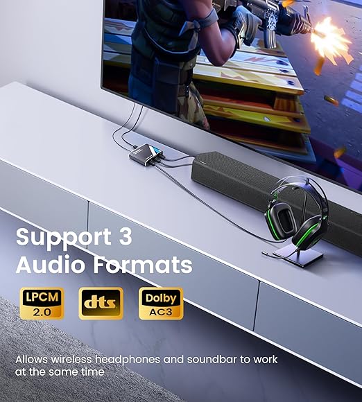NEWCAER Digital Optical Splitter 1 in 2 Out,SPDIF Toslink Digital Optical Audio Cable Splitter 1x2 Support LPCM2.0 Doldy Digital & DTS 5.1 for Xbox,PS4,PS5,DVD,TV Box,Home Theatre, Receiver,Sound Bar