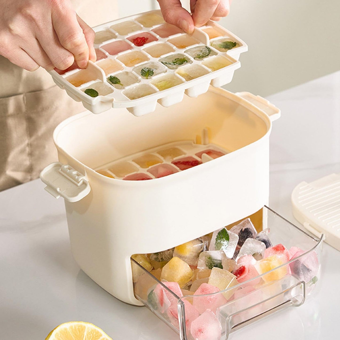 Portable ice Maker for Freezer,countertop ice Maker Machine with Handle,48 Grid ice Making Box for Household,one-Touch Operation ice Cube Mold Plastic ice Bucket for Home Office Outdoor (Green)